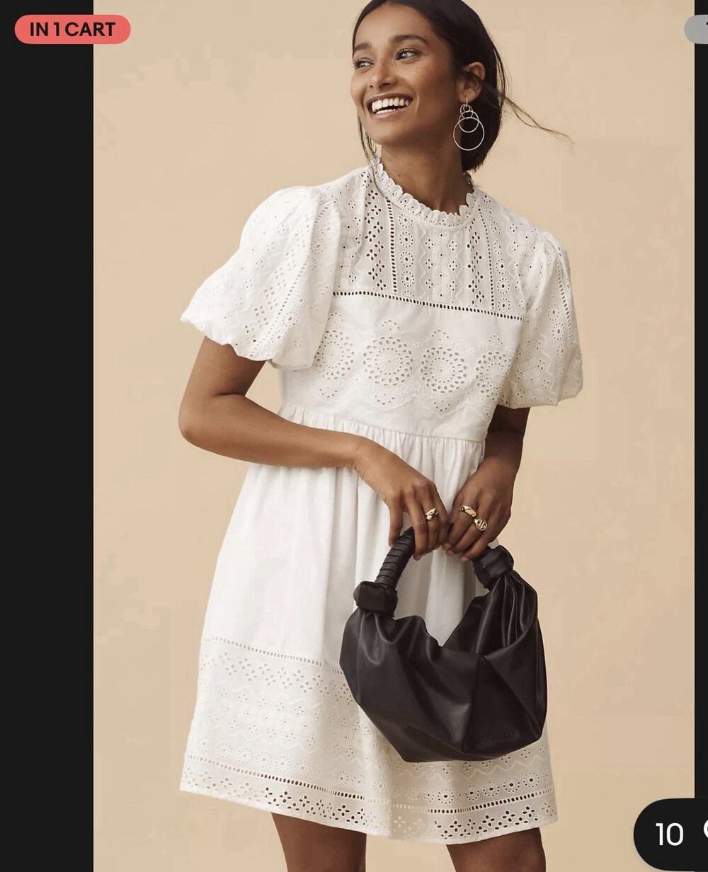 Anthropologie FOREVER THAT GIRL Sm White Puff Sleeve Eyelet Babydoll Mini Dress